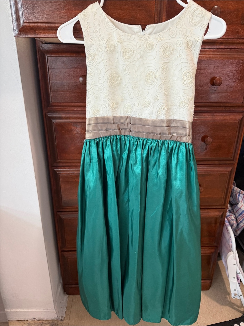 Girls Cream Bodice with Teal Satin Skirt Formal Dress
